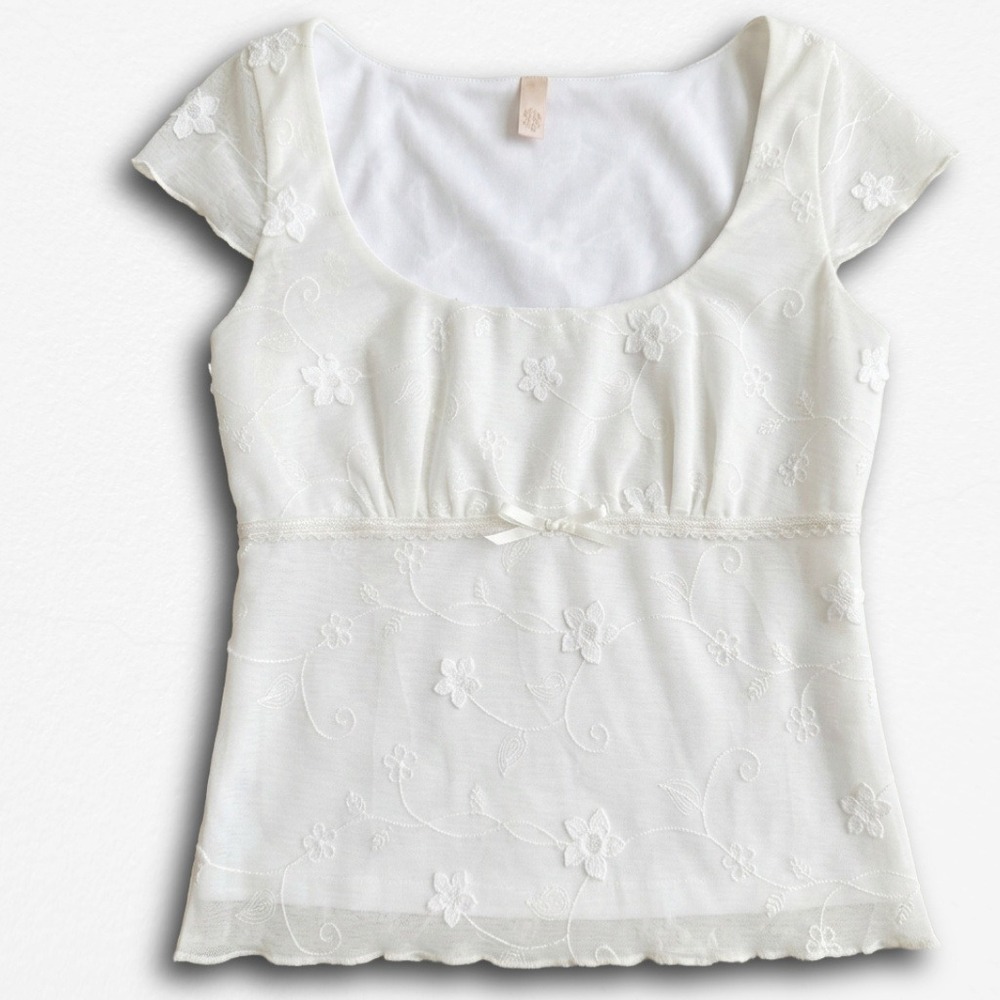 Evolutionary Ivory Floral Embroidered Mesh Fairycore Top Cap Sleeve Empire Waist